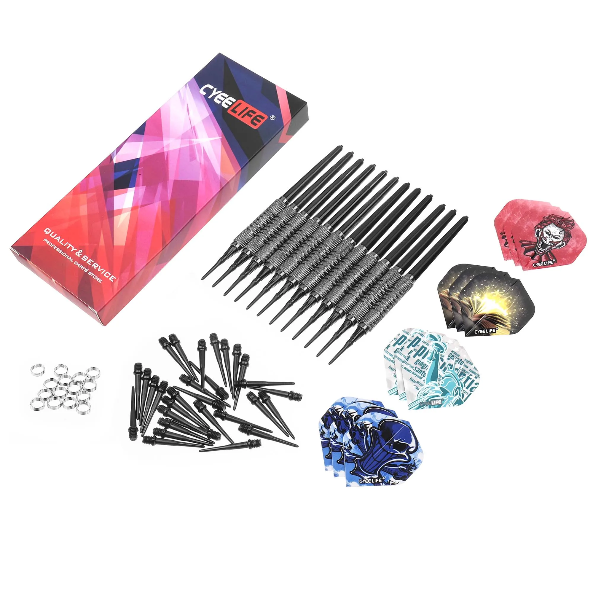 CyeeLife 9g/12/14g Soft tip darts set 12 Packs with Black PVC Shafts+Metal Spring O Rings+30 Plastic Points for Electronic board