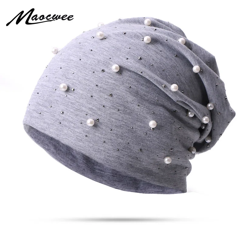 Women Pearl Beanie Hat Headgear Solid Color Pearl Cap Autumn Winter Hats For Female Bonnet Fashion Knitted Autumn Outdoor Beanie