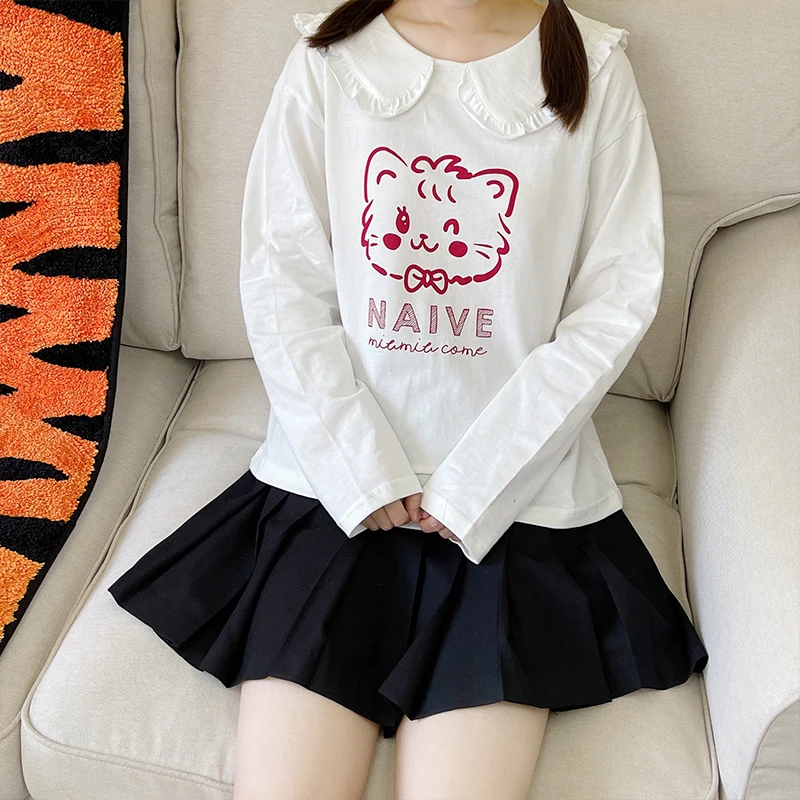 Kawaii Cartoon Printed Girls T Shirt Women Cute Anime Cat Graphic Tees Japan Aesthetic Harajuku Casual White Long Sleeve Top