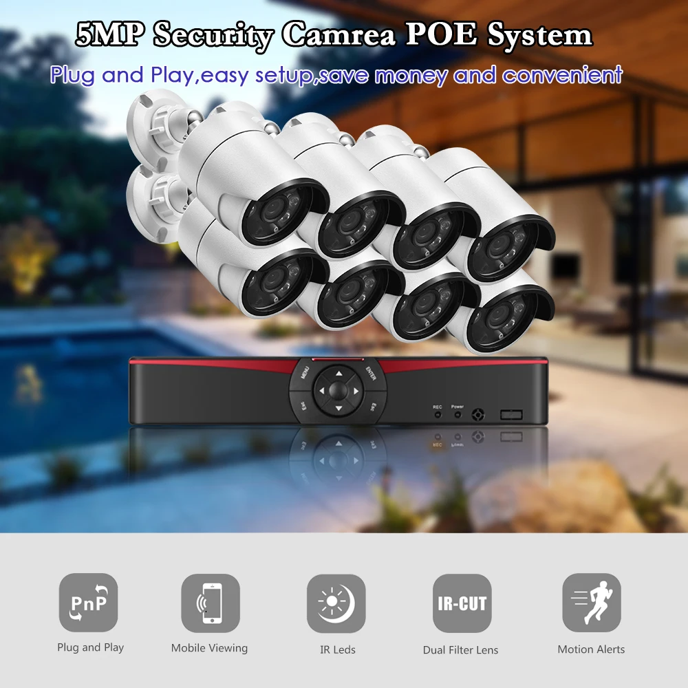 Gadinan Face Detection Capture 8CH 5MP POE NVR Security Camera System Audio Record IP Camera Outdoor CCTV Video Surveillance Kit