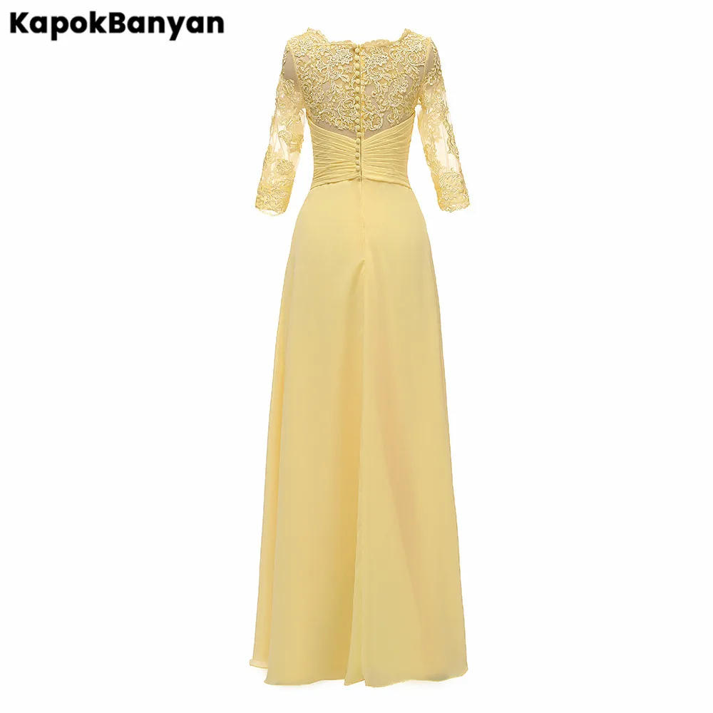 Vestido rendado de chiffon longo, vestido para mãe da noiva com zíper, meia manga formal