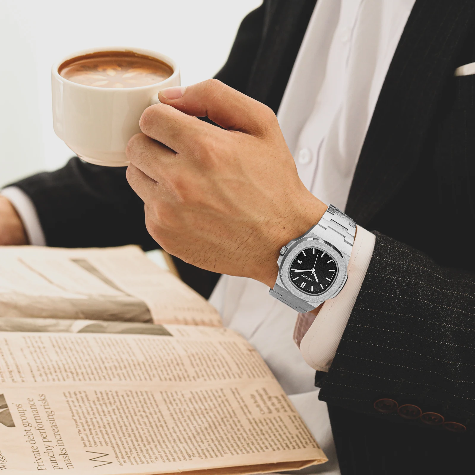 PINsmen-Montre de Luxe en Acier Inoxydable Givré pour Homme, Montre-Bracelet de dehors, Mouvement à Quartz