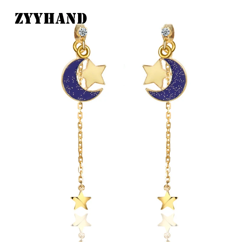 Moon Star Golden Women Tassel Drop Earring Asymmetrical StarrrySky Crose Chain Romantic Lady Clean Stone Ear Jewelry