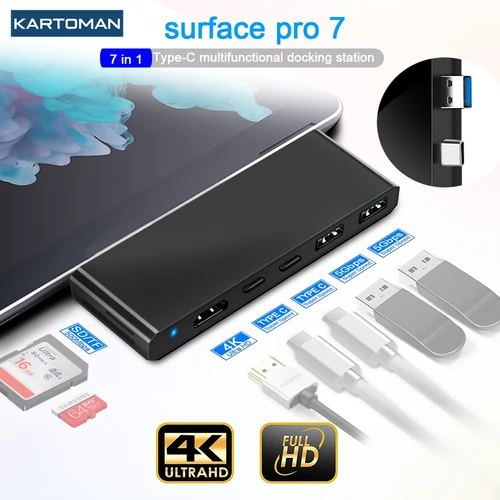 Imagen 1 del producto KARTOMAN USB 3,0 HUB 4K HDMI compatible Gigabit Ethernet tipo C adaptador TF/SD para Microsoft Surface Pro 7 estaciones de acoplamiento para portátiles