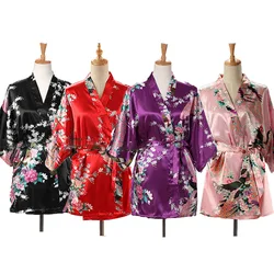 Lace Up Woman Peacock Print Japanese Kimono Yukata Silk Satin Short Style Sleepwear Home Nightgown Bath Robe Costume