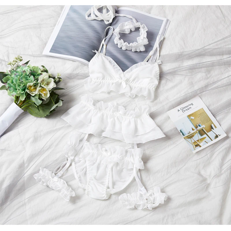 Sexy Mousse Bra And Panties Sets 7 Pieces Garter Stockings Lace Cute Young Girl Sexy Lovely Seamless Deep V Necklace White