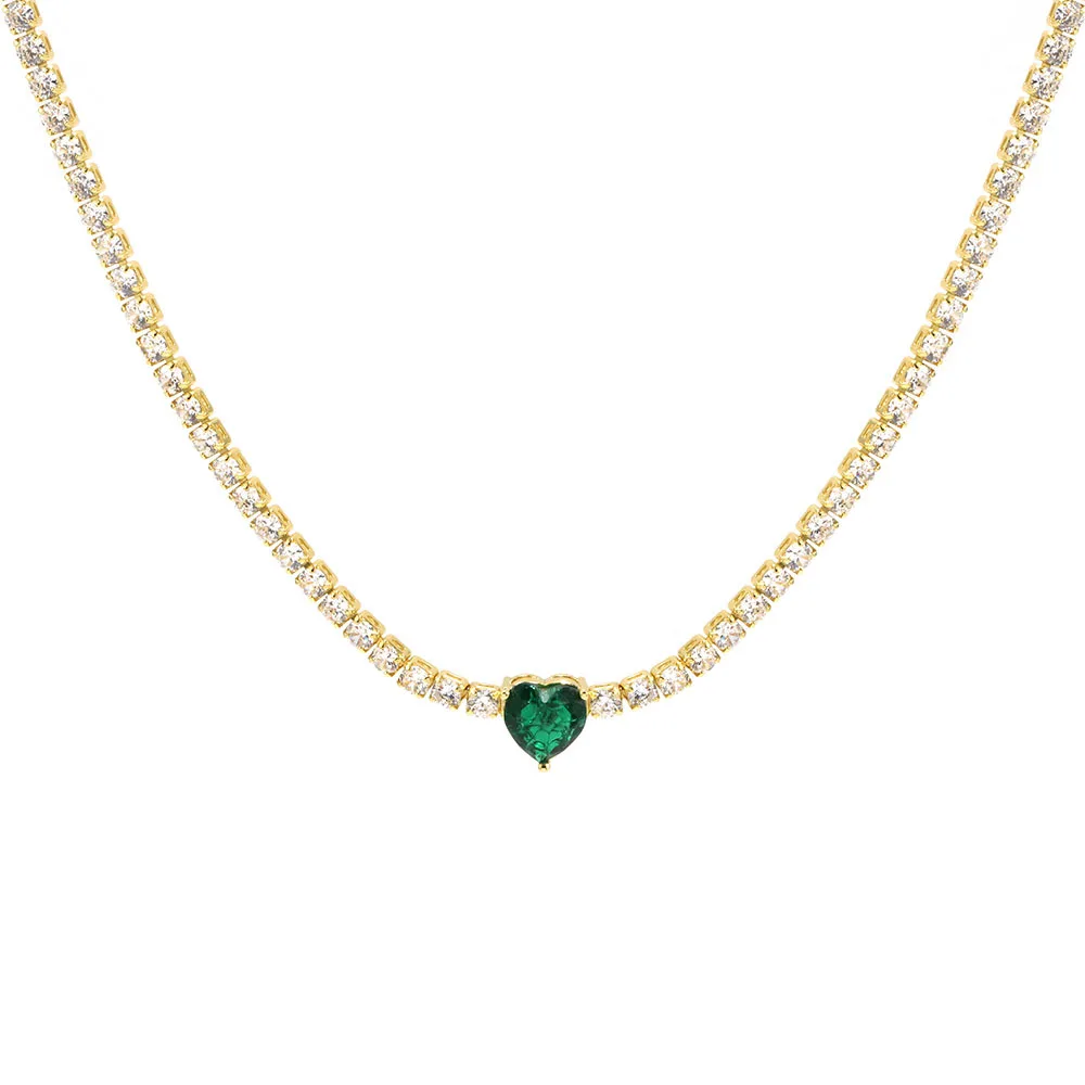 Valentine's Day Gift Heart Design Fashion Jewelry Gold Color 3mm CZ Tennis Chain Colorful Heart Stone Choker Necklace