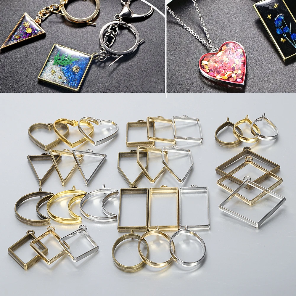 10pcs UV Epoxy Resin Mold Metal Geometric Frame Tools Heart Oval Round Charms Pendants Accessories for Jewelry Making DIY