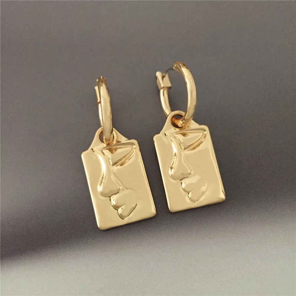 Gorgeous Gold Color Plating Face Engraved Square Charm Earrings For Women Girl Modern Sculpture Casual Unique Feminist Jewelry