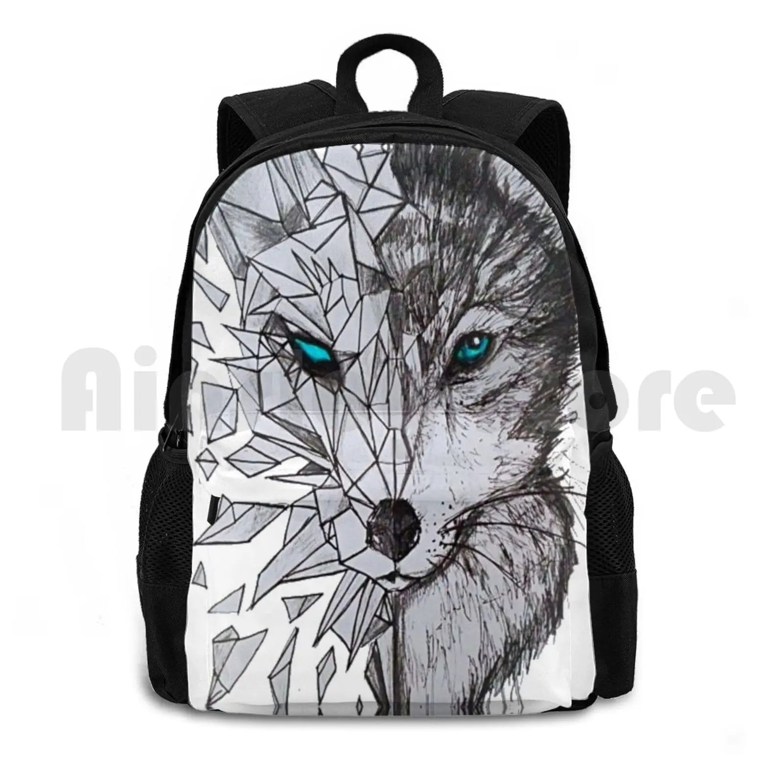 Geometric Wolf Outdoor Hiking Backpack Waterproof Camping Travel Cool Pretty Wolf Nature Sketch Lines Blue Fox Hipster Girls