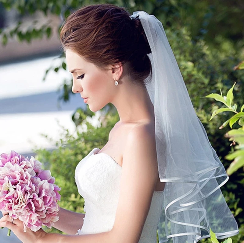 Velo de novia de tul corto con peine, velo de novia de dos capas, blanco marfil, barato, accesorios de boda