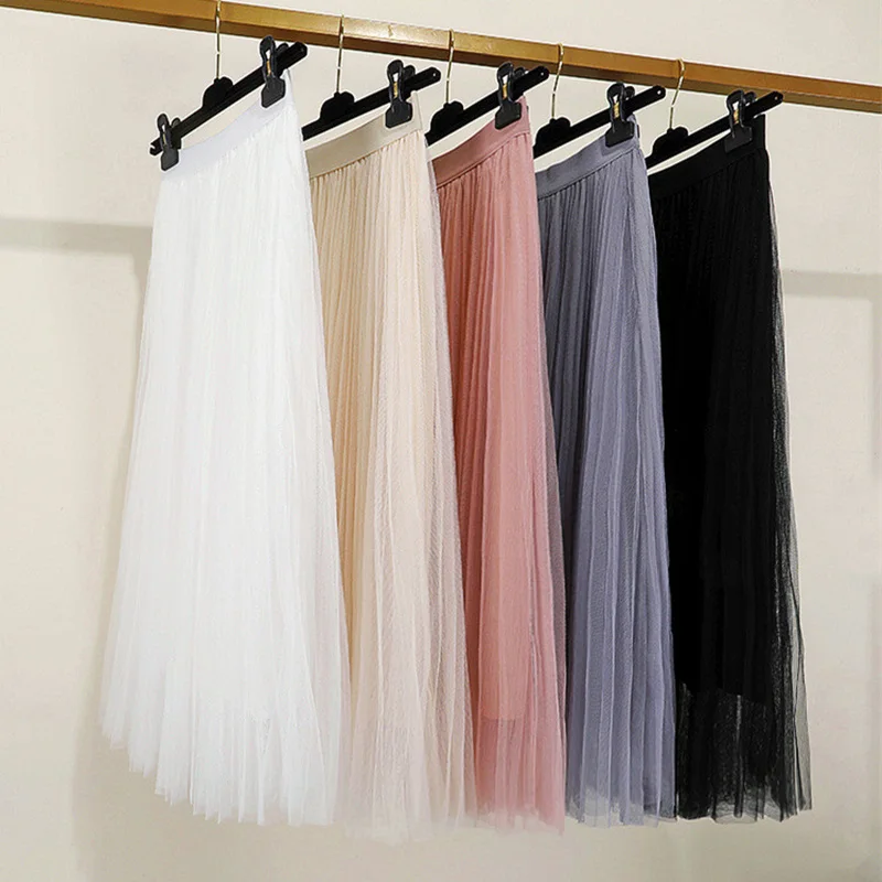 

JMPRS Korean Women Tulle Skirt Fashion Mesh White A Line Ladies Pleated Skirt Summer Chic High Waist Black Party Faldas