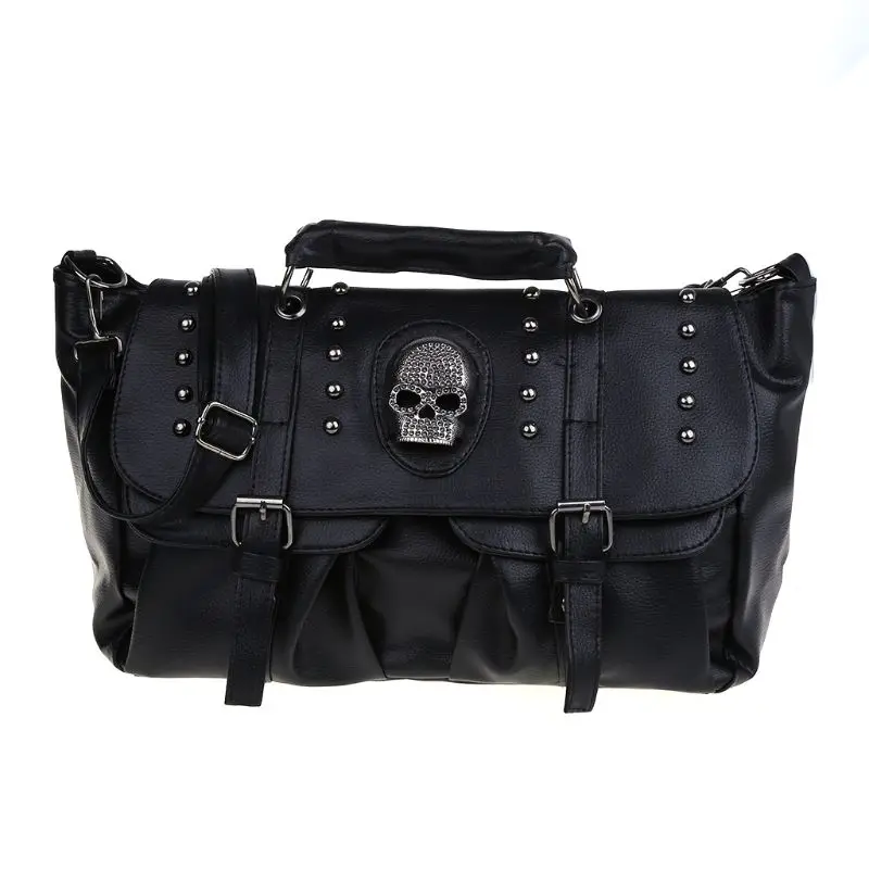 Popular Fashion Womens Personalise Punk Rivet Skull Shoulder Bag Handbag Black