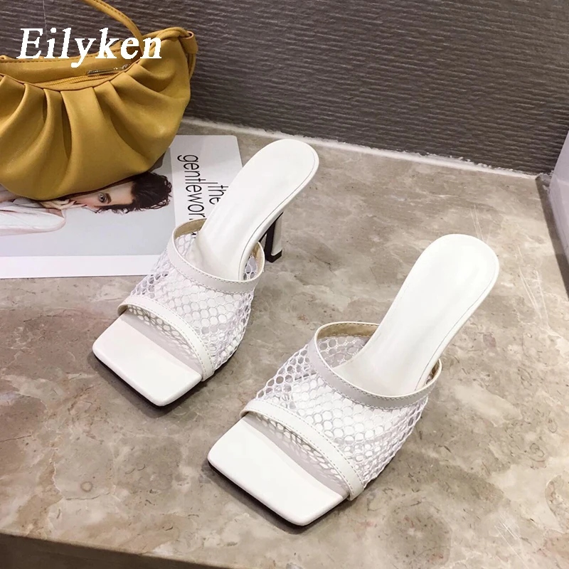 Eilyken New Sexy Square Head Peep Toe High Heel Mesh Slippers Summer Fashion Slip On Slides Women Mules Party Shoes