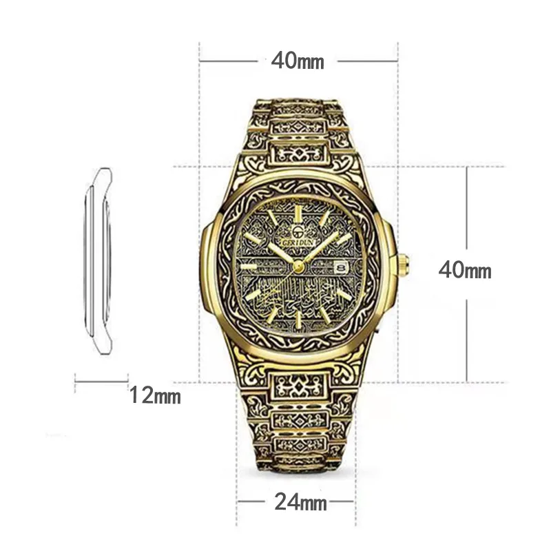 Vintage Watch for Men Luxury Stainless Steel Fashion Simple Business Carved Gold Watch Calendar Men Auto Date Religio Masculino