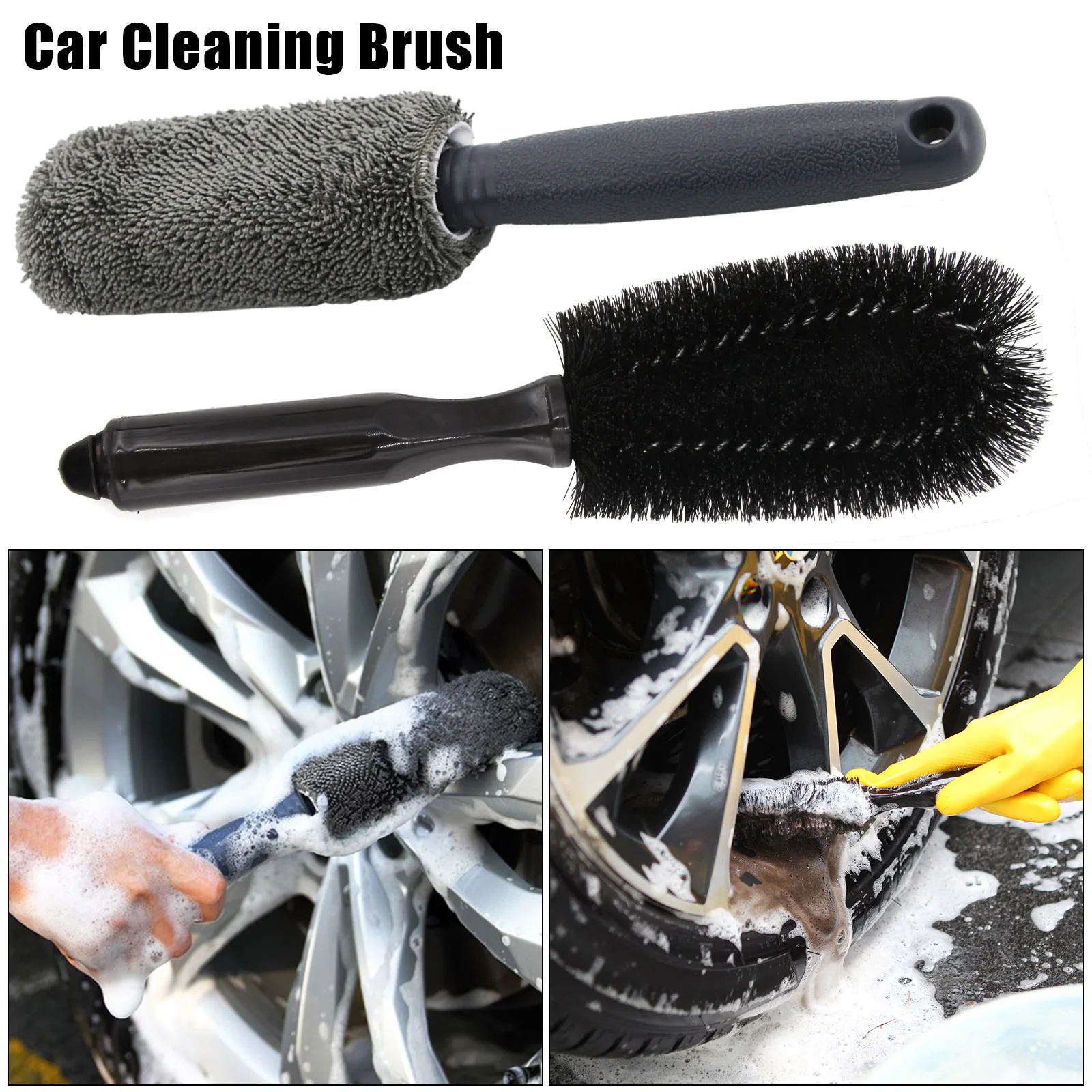 2PCS Car Tire Cleaning Brush Soft Bristle And Microfiber Wheel Rim Washing Brush Auto Detailing Scrubber Brush Car Accessories