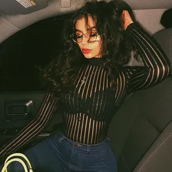 BKLD 2024 Sexy Black Striped Mesh Transparent Bodysuits Women Long Sleeves Turtleneck Bodycon Jumpsuit Clubwear Women Romper