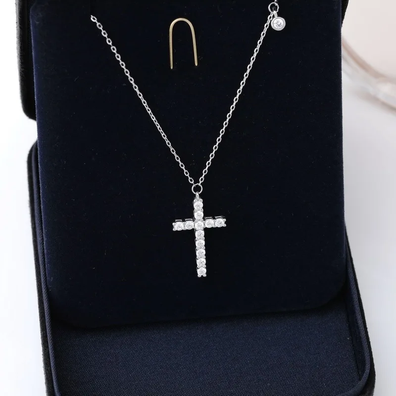 Fashion Religious Belief Cross Pendant Full Sparkling Zircon Decorative Real 925 Sterling Silver Chain Necklace for Women