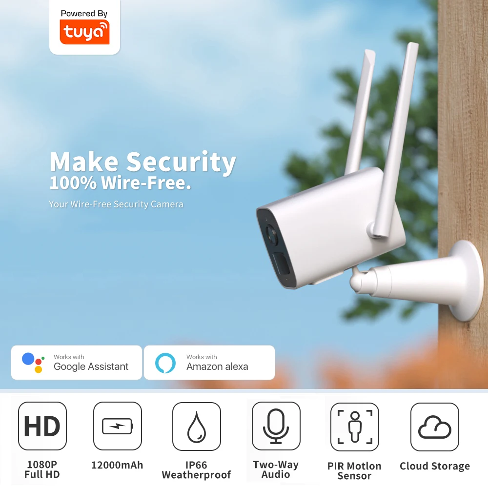 

Tuya WIFI 1080P Camera Strong WiFi Signal 10000mAh Rechargeable Battery Wireless IP66 Battery Camera Support Google Alexa