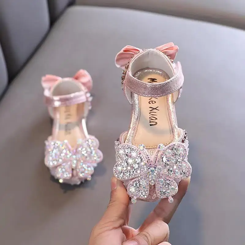 Sandalias de fondo suave para niños y niñas, zapatos con diamantes de imitación, sandalias de princesa con lazo, zapatos planos antideslizantes de