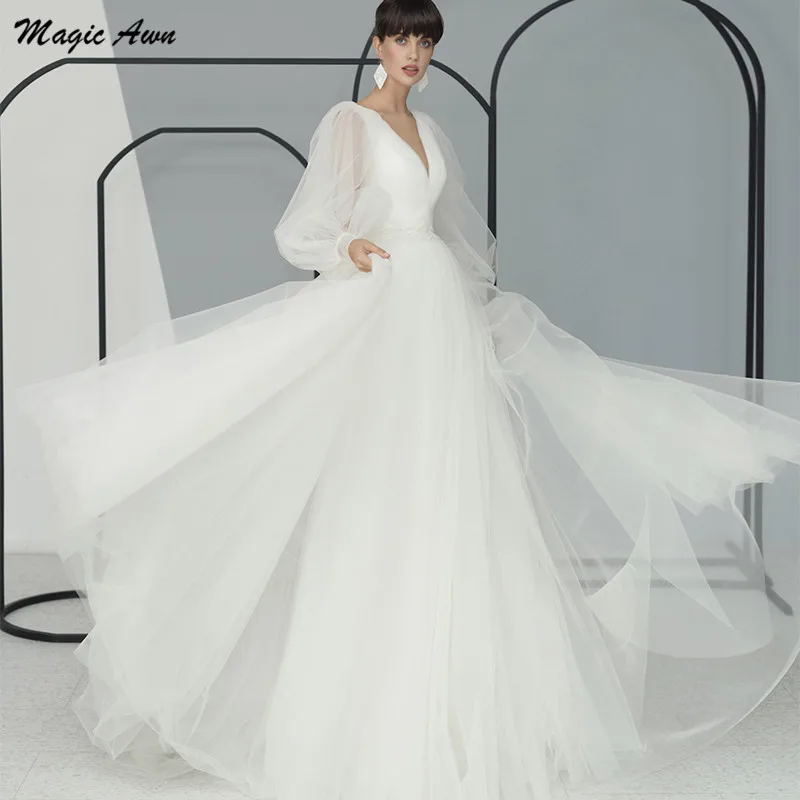 

Magic Awn New Ivory Wedding Dresses For Bride Long Puffy Sleeves Illusion Simple Boho A-Line Mariage Gowns Robes De Mariée