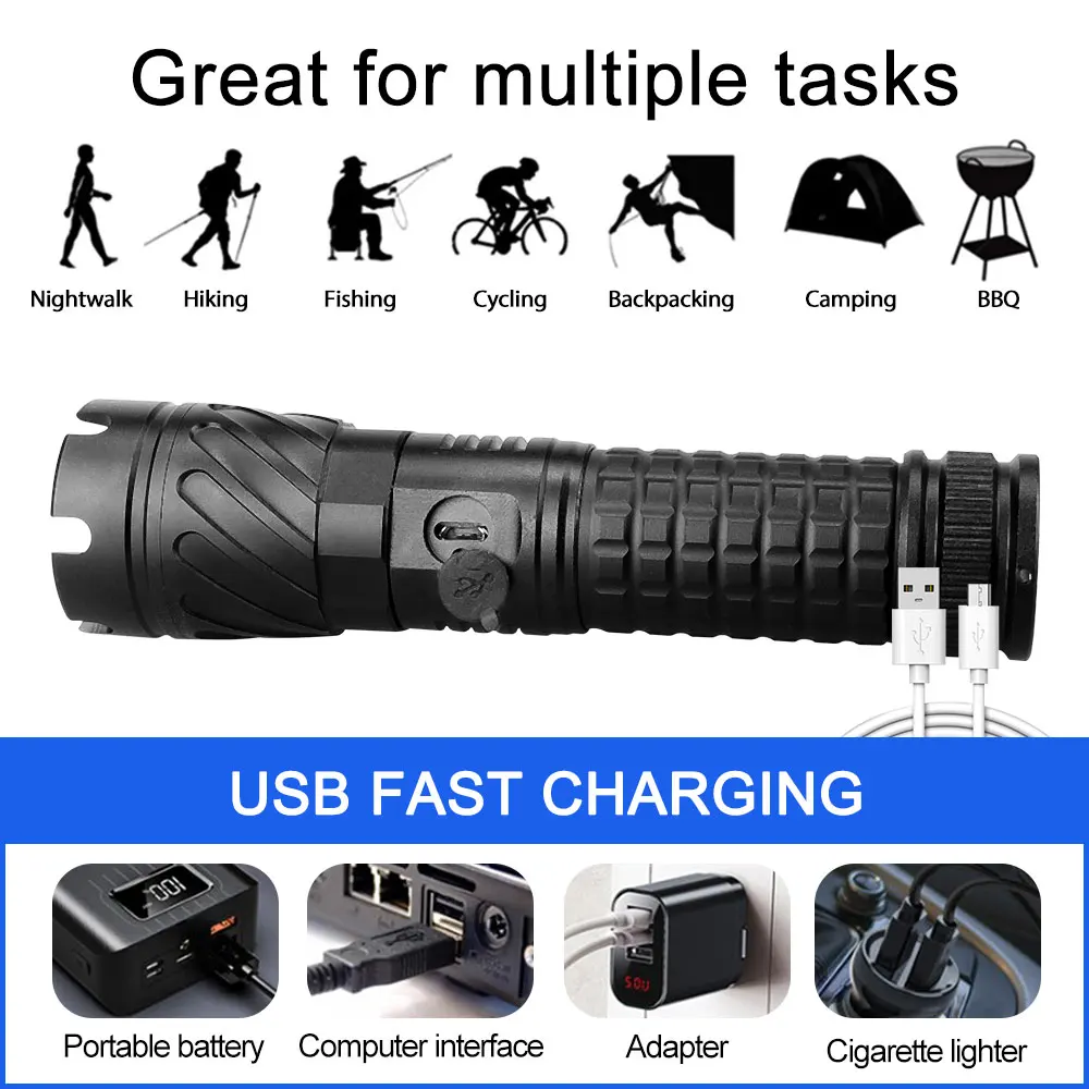 XHP99 Tactical Zoomable Flashlight White Light Torch 5 Mode USB charging Outdoor Waterproof Lantern Camping Light Power Display