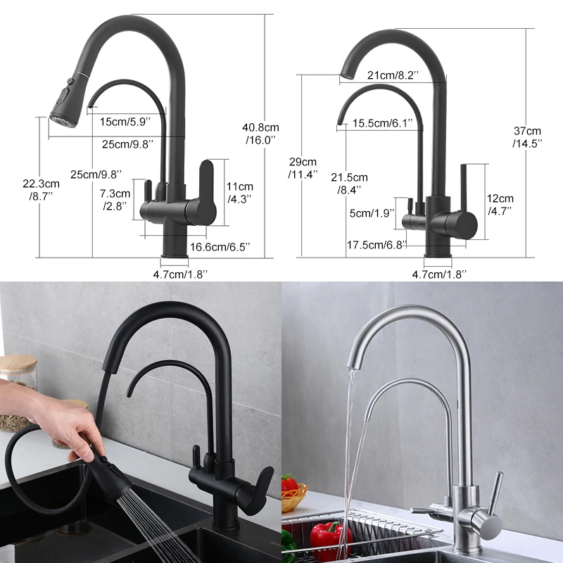 Deck Mounted Black Kitchen Faucets Pull Out Hot Cold Water Filter Tap for Kitchen Three Ways Sink Mixer Kitchen Faucet ELK9139B