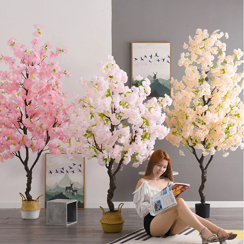 

1M /1.2M Home Artificial Fake Cherry Tree Bonsai Floor Decor Living Interior Room Pink Fake Plants With Pot Simulation Flowers