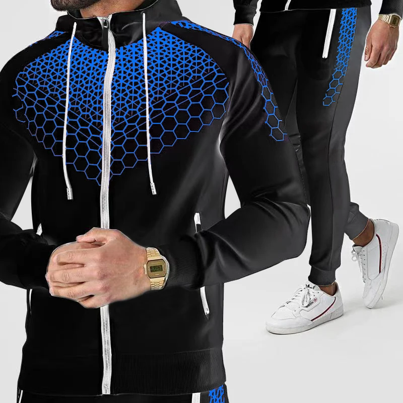 New Fashion Jackets Men Tracksuit Sets Mens set Colorful Plaid Men Casual Zipper Set Autumn Tracksuit Set Male Sweatshirt Pocket