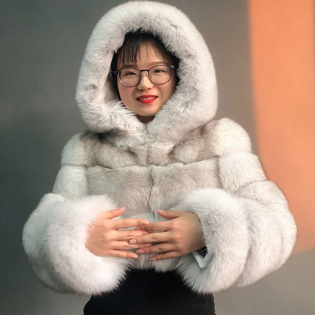 JANEFUR Hooded Fur Jacket  Women Winter Jacket Fox Fur Coat for Female