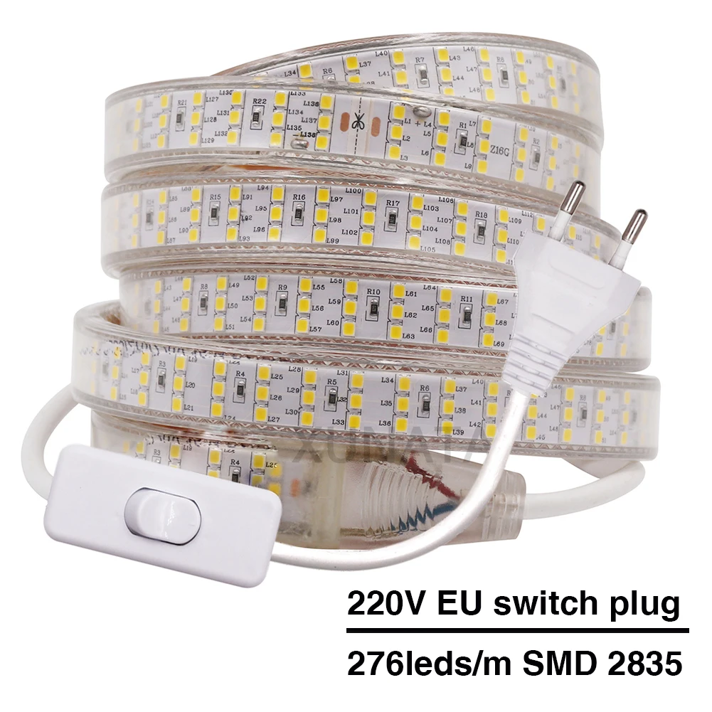 276 LEDS/M Drie Rij LED Strip 220 V 240 V EU Schakelaar Plug Super Helderder Waterdicht Buitengebruik SMD 2835 Flexibele Lint LED Licht