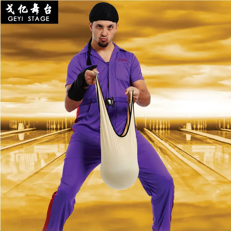 

Halloween Cosplay Bowling Suit Party Carnival Costume Adult Men Cleaner Purple Tights Jumpsuit Onesies