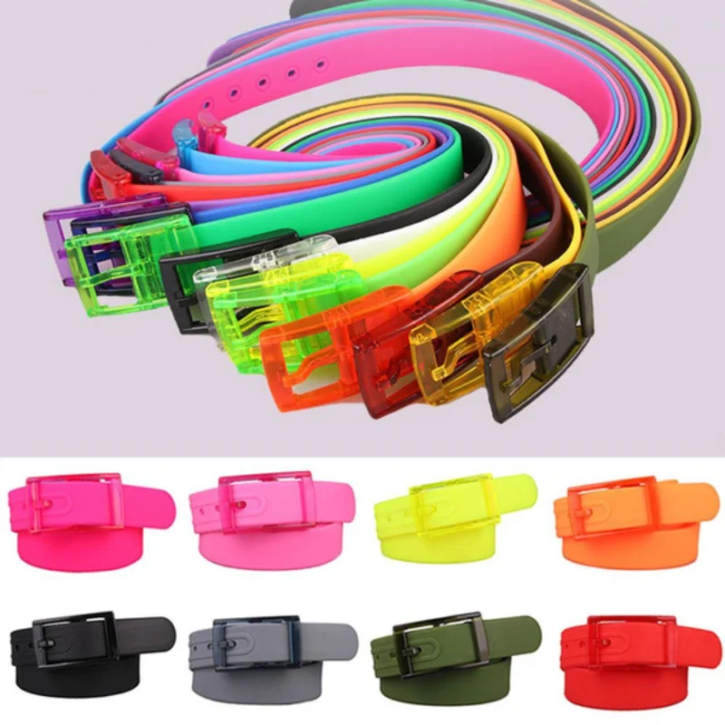 Fashion Unisex Plastic Belts Candy Multi Color Silicone Rubber Belt Smooth Buckle for Women Men Adjustable Jeans Waist Strap