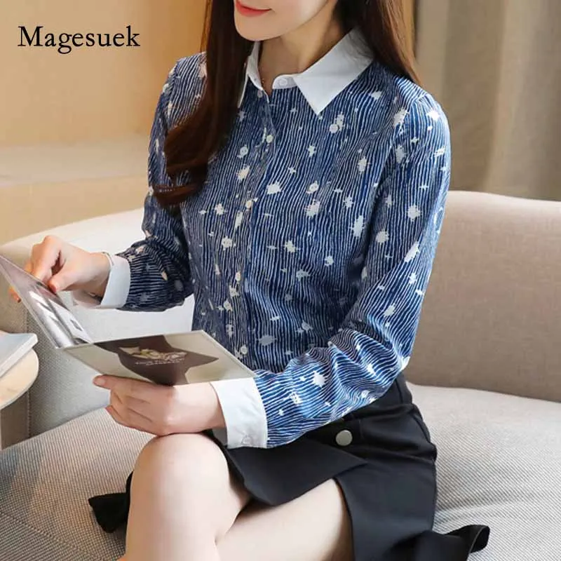 2020 Autumn Cardigan Print Patch Stitching Turn-down Collar Clothing Long Sleeve Striped Chiffon Women Blouse Blusas Mujer 10888