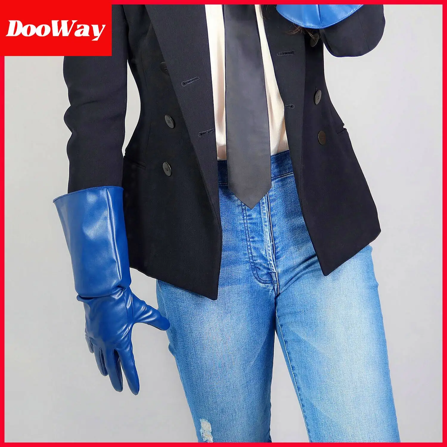 DooWay Women Navy Blue Long Leather Gloves Gauntlet Faux Leather Puff Wide Sleeve for Evening Costume Party Christmas Wedding