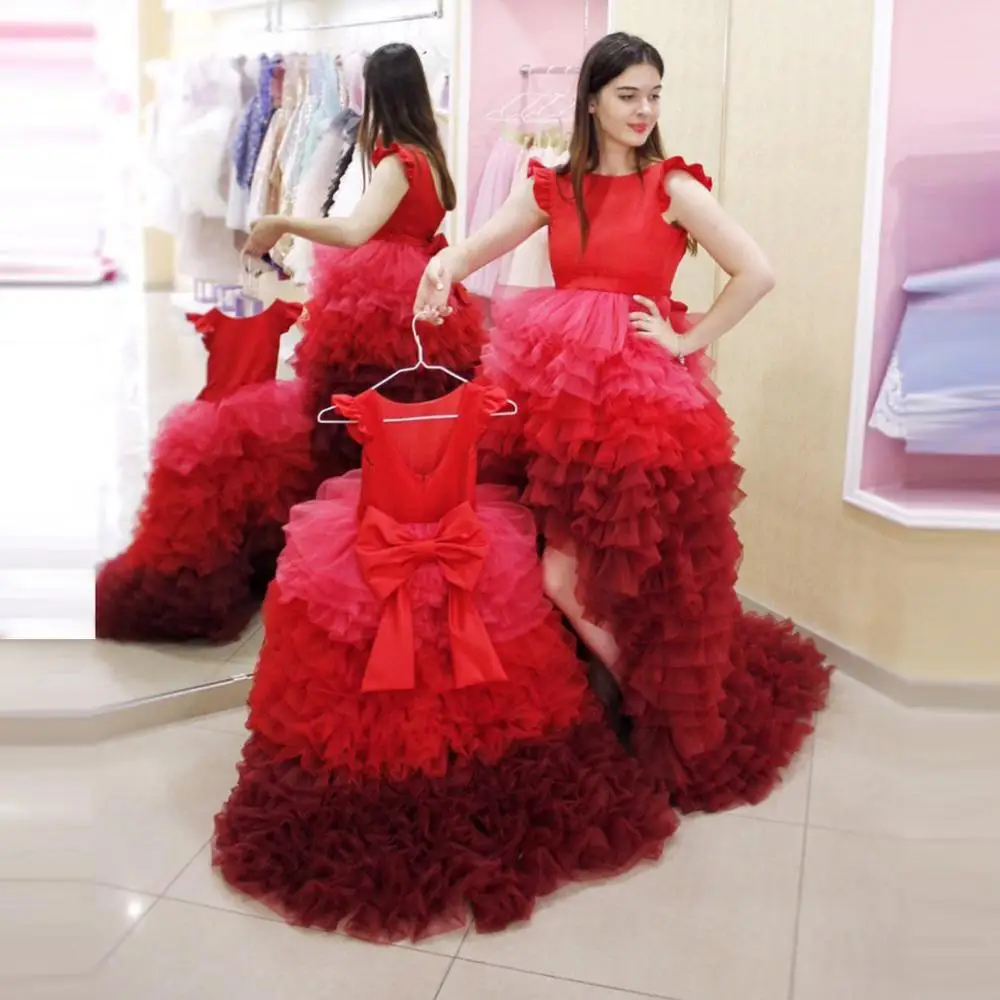 

Mommy & Me Red Tulle Puffy Dress High Low Ruffled Tiered A-line Dresses Colorful Lush Fromal Party Gown Bow Custom made