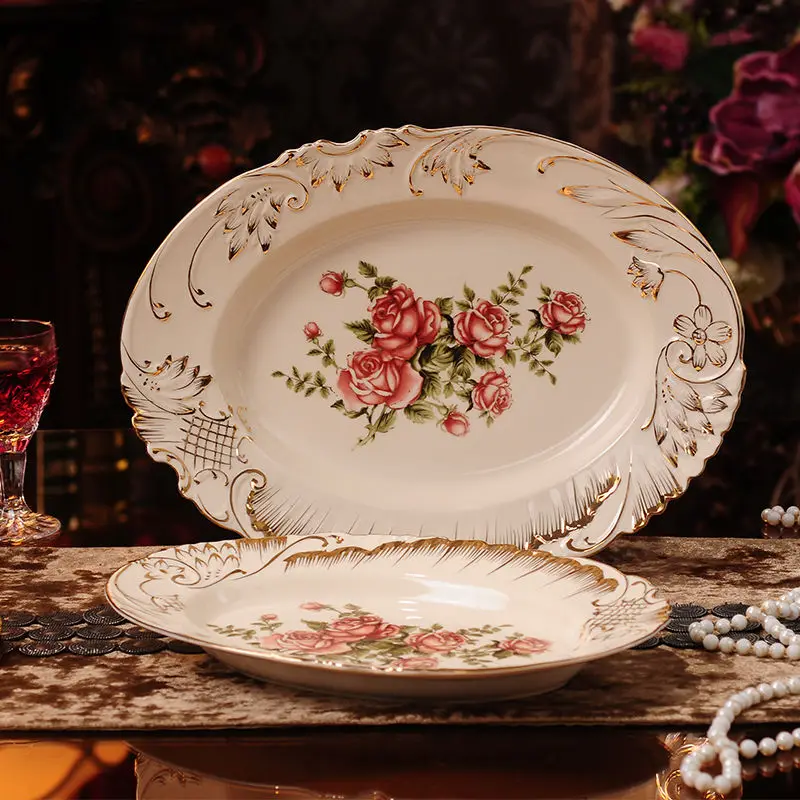 

European-style ceramic tableware gold-plated edge rose ceramic gold-plated dishes fish dishes oval dishes dishes gold plate