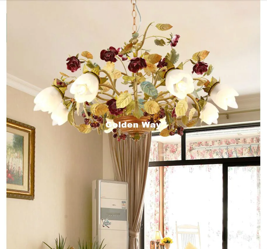 European Floral Design D70cm 6L Chandelier Lighting Glass Shade Rose Lamp Living Room Hanging Lights Dining Room Bedroom Lights