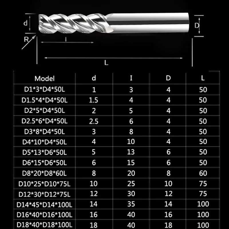 3 flauto fresa in metallo duro tungsteno HRC55 fresa CNC strumento 1mm- 20mm per alluminio acrilico legno rame plastica