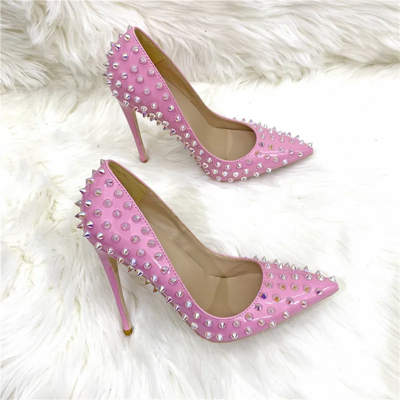 Ke Shang Jia Pink Bright Light Women Full Punk Rivets Pointed High Heels Sexy Ladies Spikes Stilettos Pumps Club Party Shoes