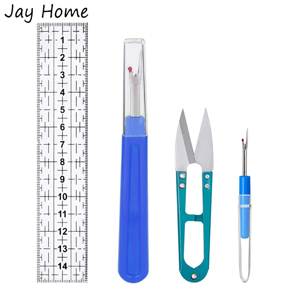 4Pcs Sewing Ruler Kit Plastic Patchwork Ruler with Seam Ripper Tailor Scissors Thread Cutter for Embroidery Quilting Supplies