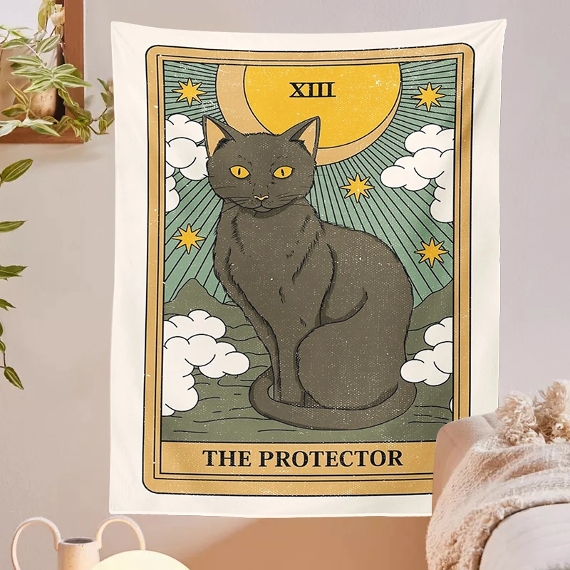 Cat Divination Witchcraft Tarot Card Tapestry Wall Hanging Tapestries Baphomet Occult Home Wall Moon phase Mat Decor Cat Coven