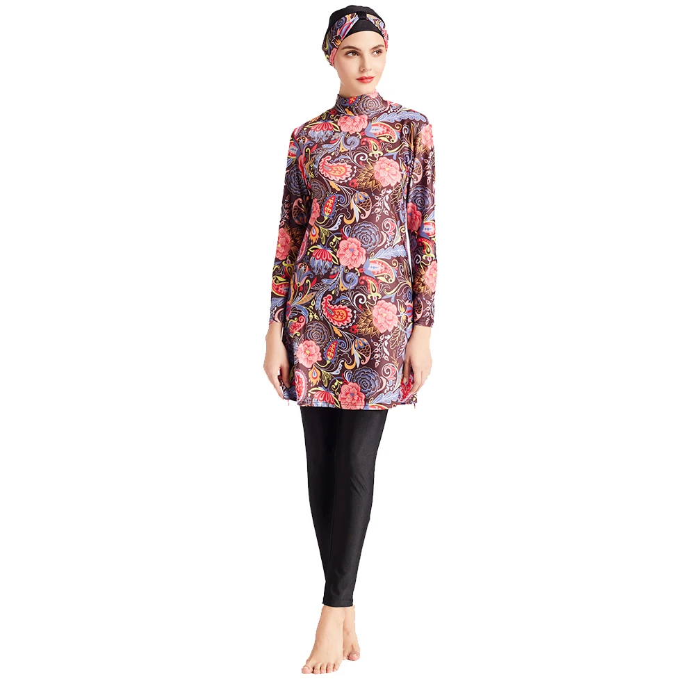 3-częściowy strój kąpielowy muzułmański burkini z nadrukiem, długi rękaw, spodnie, hidżab, kostium kąpielowy zakrywający całe ciało