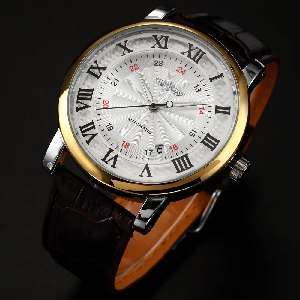 WINNER Mens Business Watch Roman Number Top Brand Wristwatch Self Winding Automatic Mechanical Auto Date Leather Band Male Clock