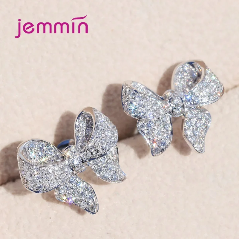 New Arrival 925 Sterling Silver Cute Bowknot Stud Earrings For Women Shinning Zircon Stone Fashion Korean Earrings Jewelry