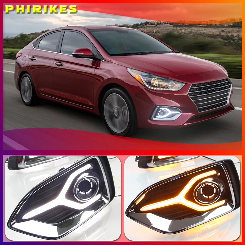 

Дневные ходовые огни для Hyundai Solaris Accent 2017 2018 12 В Светодиодные Автомобильные дневные ходовые огни Противотуманные фары с поворотным желтым реле