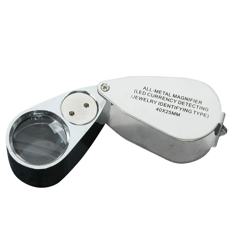 Lupa de gran aumento con luz LED, lámpara de Metal plegable, Detector de moneda, para identificación de joyas, 40x25mm