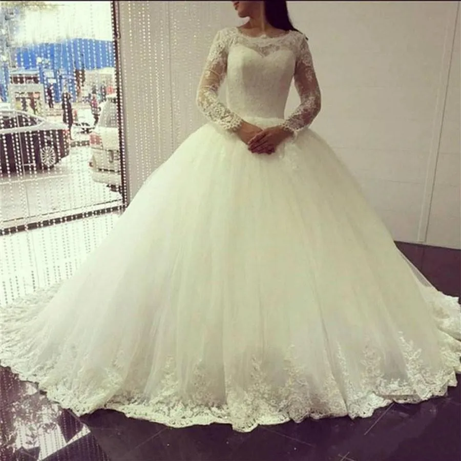 E JUE SHUNG-vestido de novia de princesa árabe, prenda de novia con cuello de Joya, manga larga, encaje en la espalda, color marfil