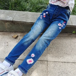 4-15T Kids Jeans For Teenage Girls Pants Children Denim Trousers Blue Stretch Embroidery Flowers Teen Clothes Spring Clothing