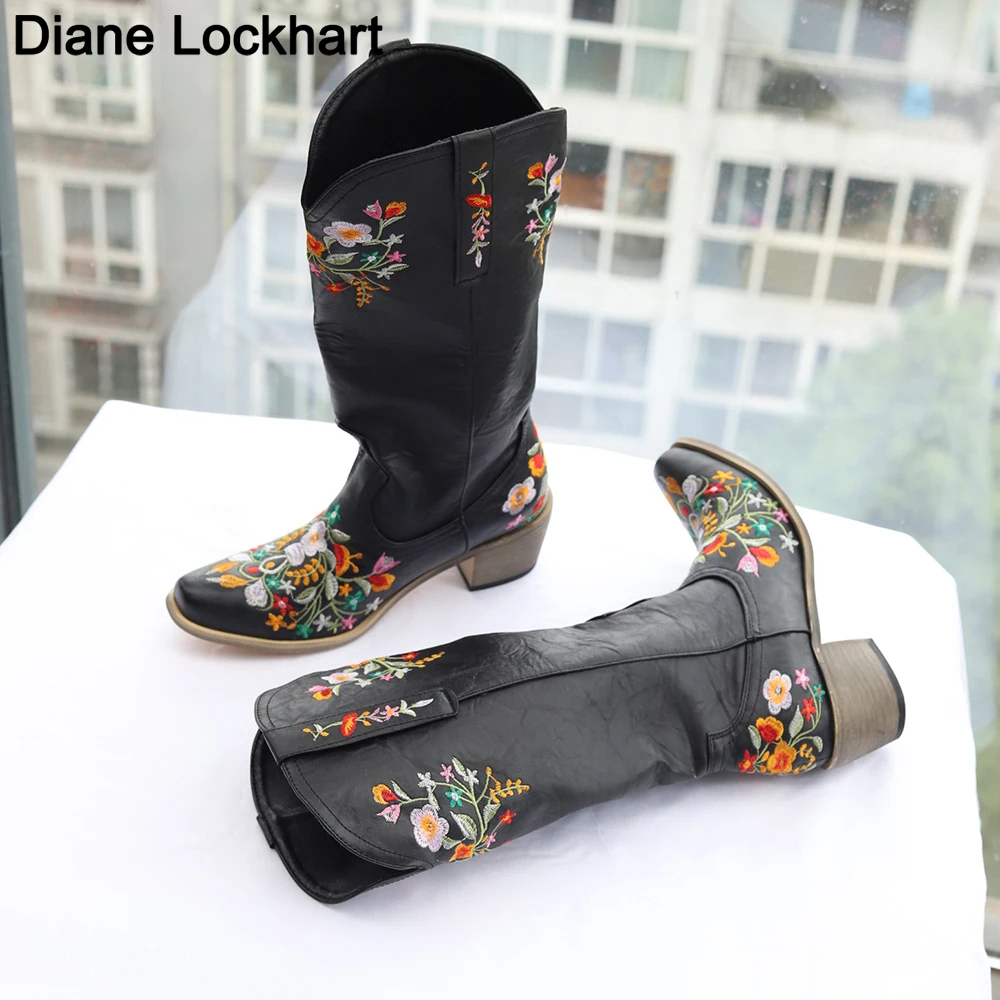 Retro Knee Hight boots Low Heel Autumn Winter Women Shoes Embroidered Design Western cowboy Long Boots Party femmes bottes 41